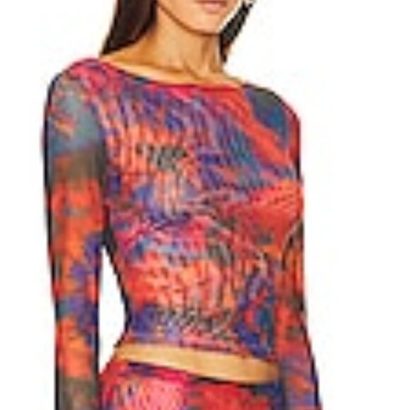 RONNY KOBO Vera Long Sleeve Mesh Crop Top in Orange Tie Dye Size Small - Picture 2 of 6